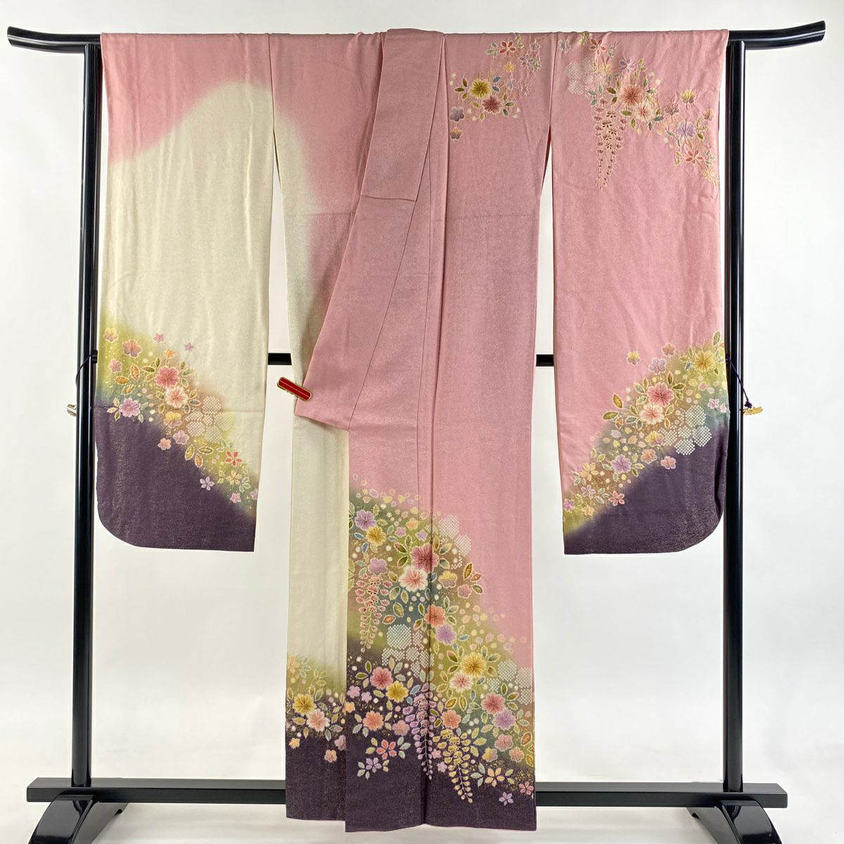 【美品】振袖禮服 身長156.5cm 袖長66cm M 雙層 徳永憲峯 落款あり 辻花染 金通し 金銀彩 粉紅 純蠶絲 逸品級