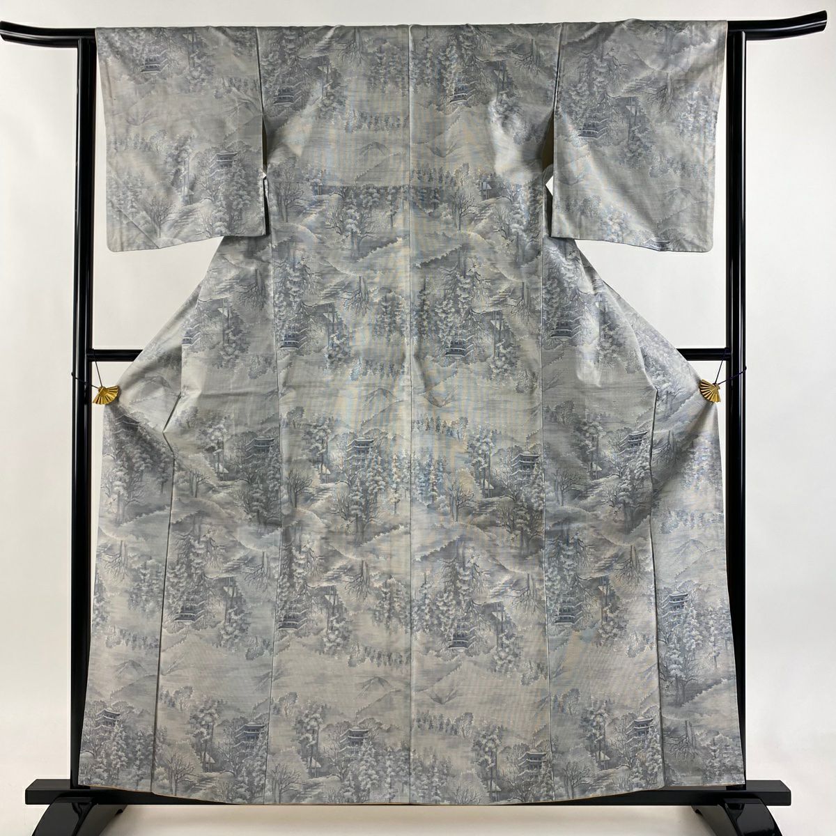 【美品】 大島紬織 身長161cm 袖長63cm S 雙層 都喜ヱ門 證書有 建築 樹木 青灰 純蠶絲 逸品級