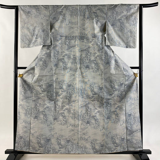 【美品】 大島紬織 身長161cm 袖長63cm S 雙層 都喜ヱ門 證書有 建築 樹木 青灰 純蠶絲 逸品級