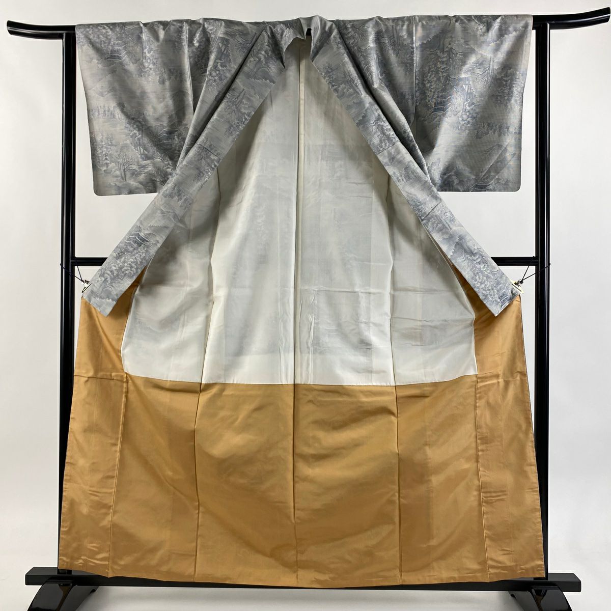 【美品】 大島紬織 身長161cm 袖長63cm S 雙層 都喜ヱ門 證書有 建築 樹木 青灰 純蠶絲 逸品級