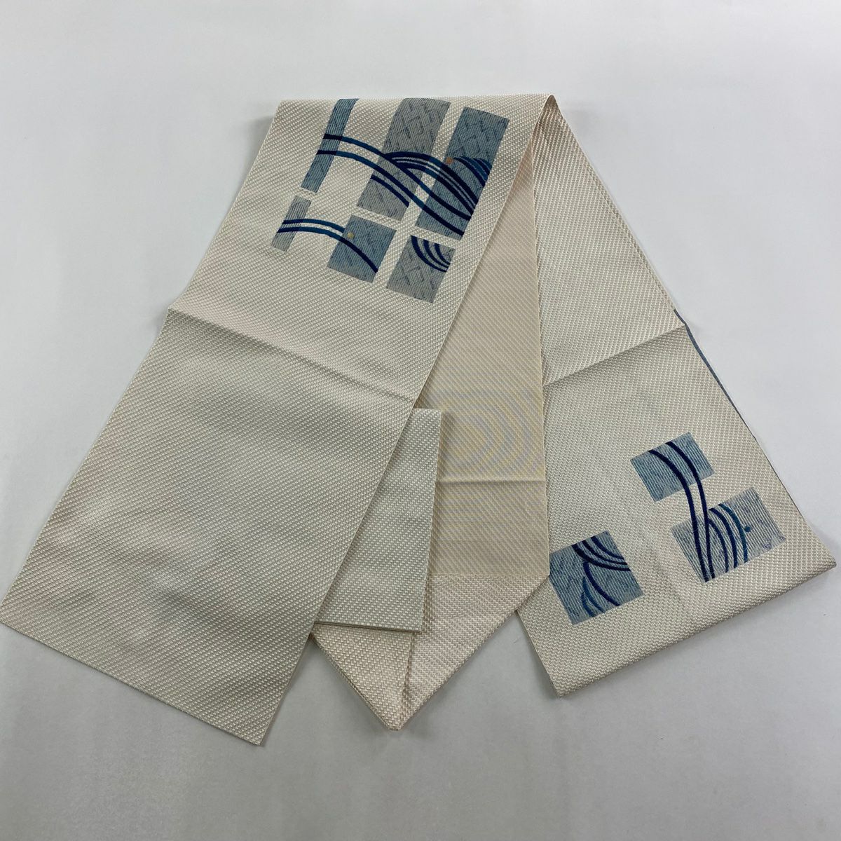 名古屋帶 逸品級 藍色 八寸名古屋帶 松樹葉仕立 雜幾何圖案 奶油色 純蠶絲