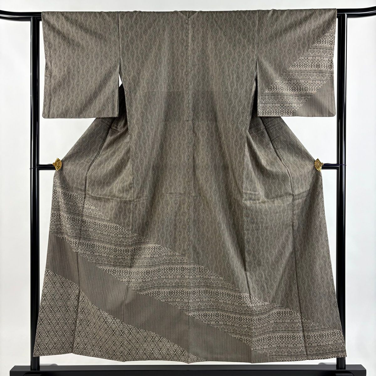 【美品】 付下 身長153.5cm 袖長62cm S 雙層 紬織織 證書附帶 立涌 幾何學 柿渋染 灰綠 純蠶絲 名品級