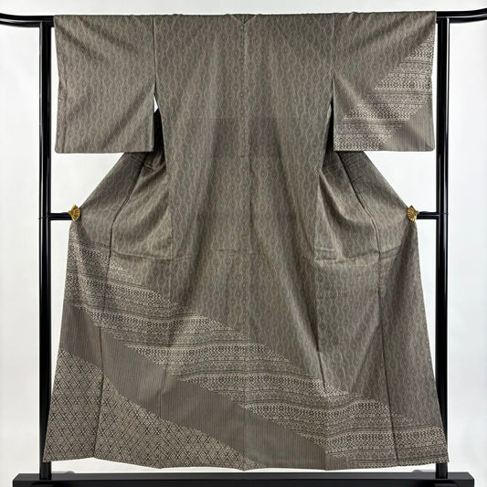 【美品】 付下 身長153.5cm 袖長62cm S 雙層 紬織織 證書附帶 立涌 幾何學 柿渋染 灰綠 純蠶絲 名品級