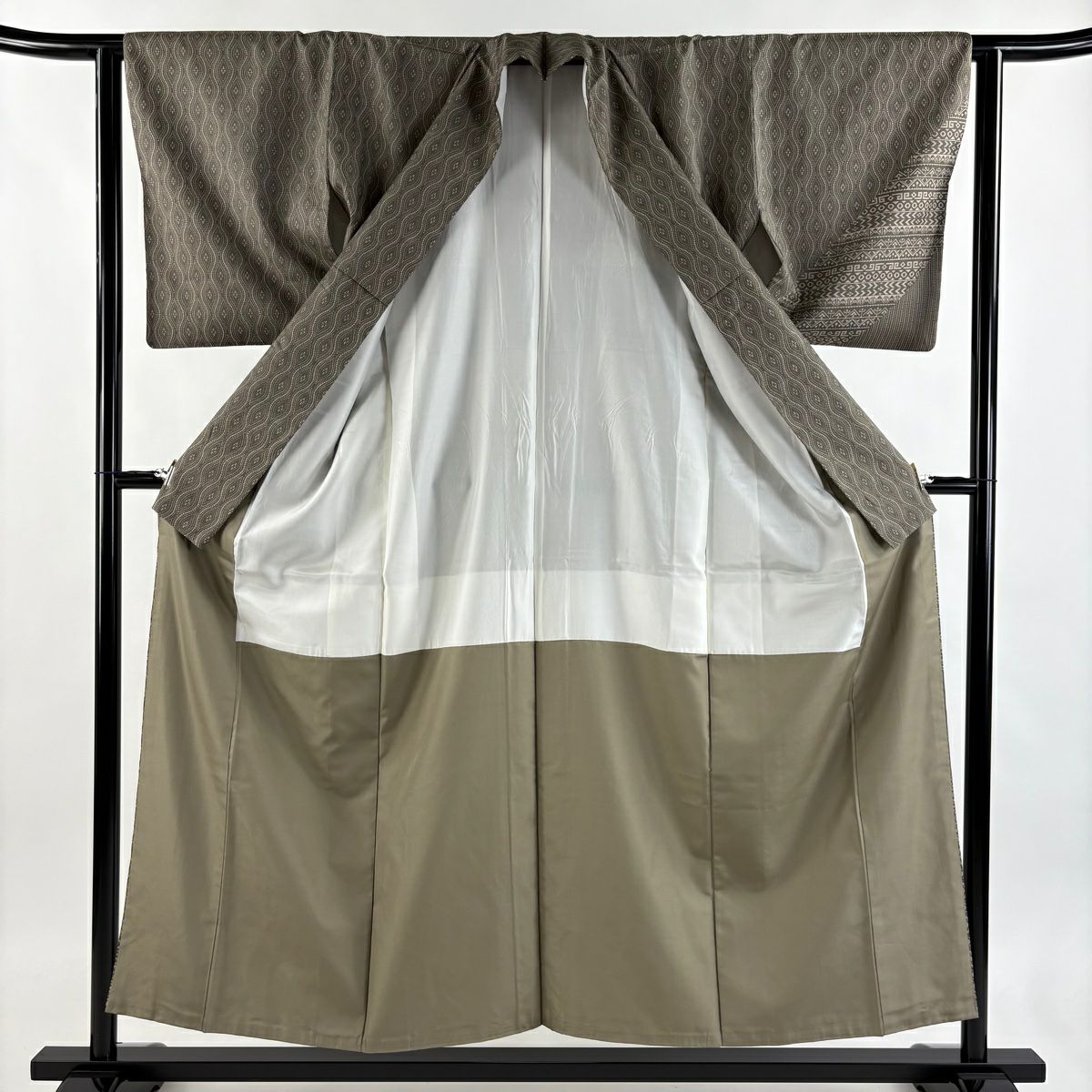 【美品】 付下 身長153.5cm 袖長62cm S 雙層 紬織織 證書附帶 立涌 幾何學 柿渋染 灰綠 純蠶絲 名品級
