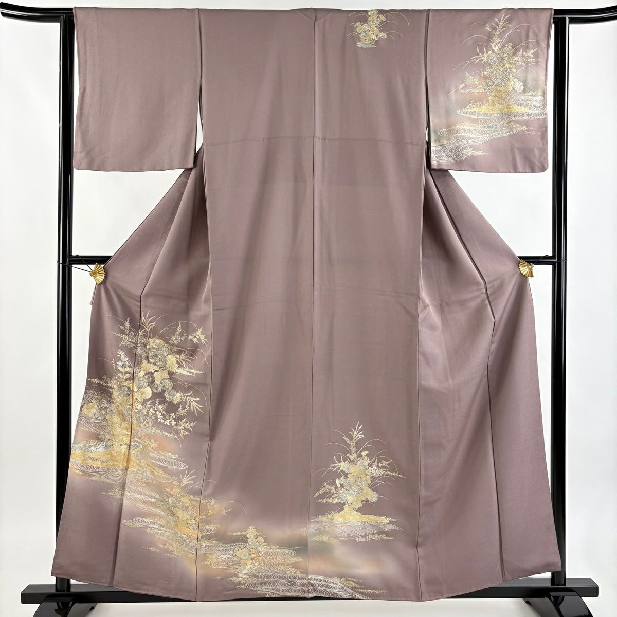 訪問服 身長158cm 袖長62.5cm S 雙層 菊花 流水 金銀彩 金金箔 小豆 純蠶絲 名品級