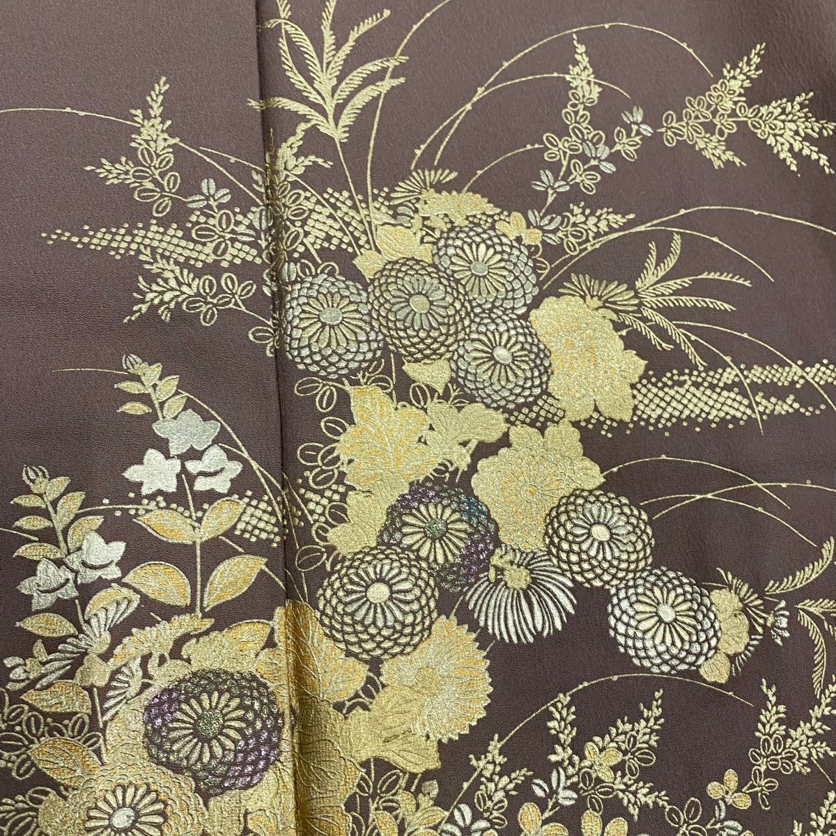 訪問服 身長158cm 袖長62.5cm S 雙層 菊花 流水 金銀彩 金金箔 小豆 純蠶絲 名品級