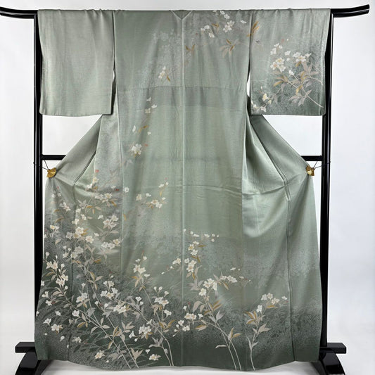 【美品】訪問服 身長166cm 袖長66cm M 雙層 枝花 細緻 金銀彩 漸層 淺綠 純蠶絲 名品級