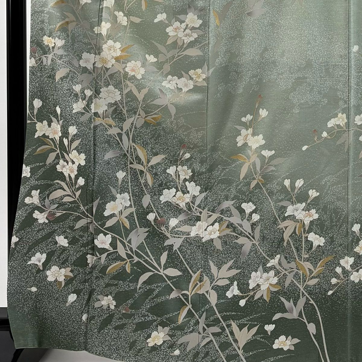 【美品】訪問服 身長166cm 袖長66cm M 雙層 枝花 細緻 金銀彩 漸層 淺綠 純蠶絲 名品級