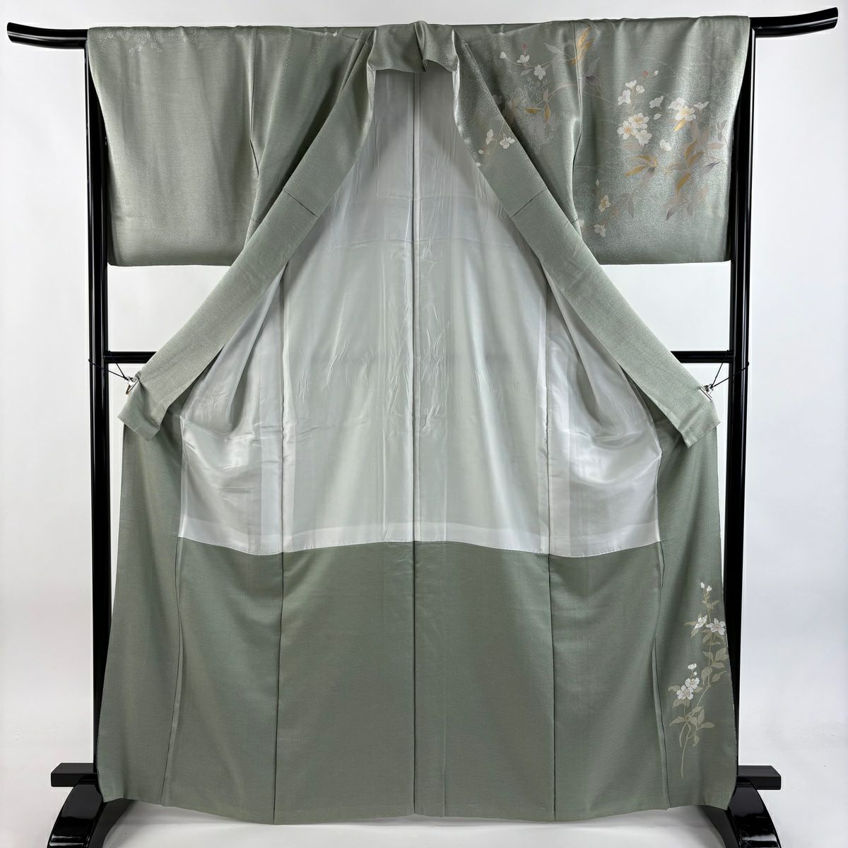 【美品】訪問服 身長166cm 袖長66cm M 雙層 枝花 細緻 金銀彩 漸層 淺綠 純蠶絲 名品級