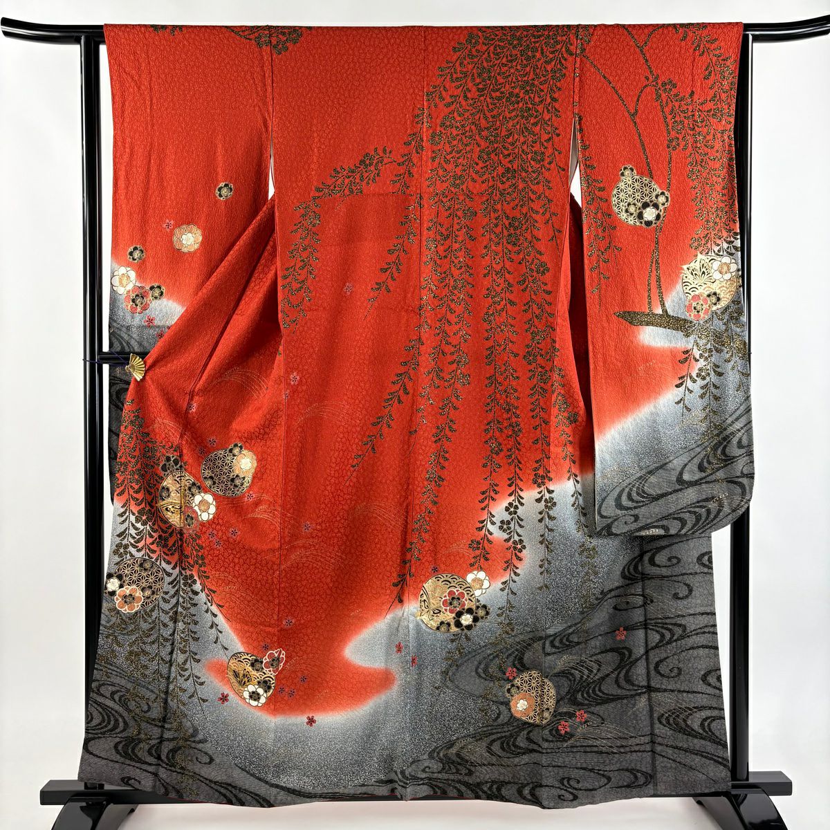 【美品】振袖禮服 身長157cm 袖長62cm S 雙層 梅花 蝶 金糸 金通し 朱 純蠶絲 名品級