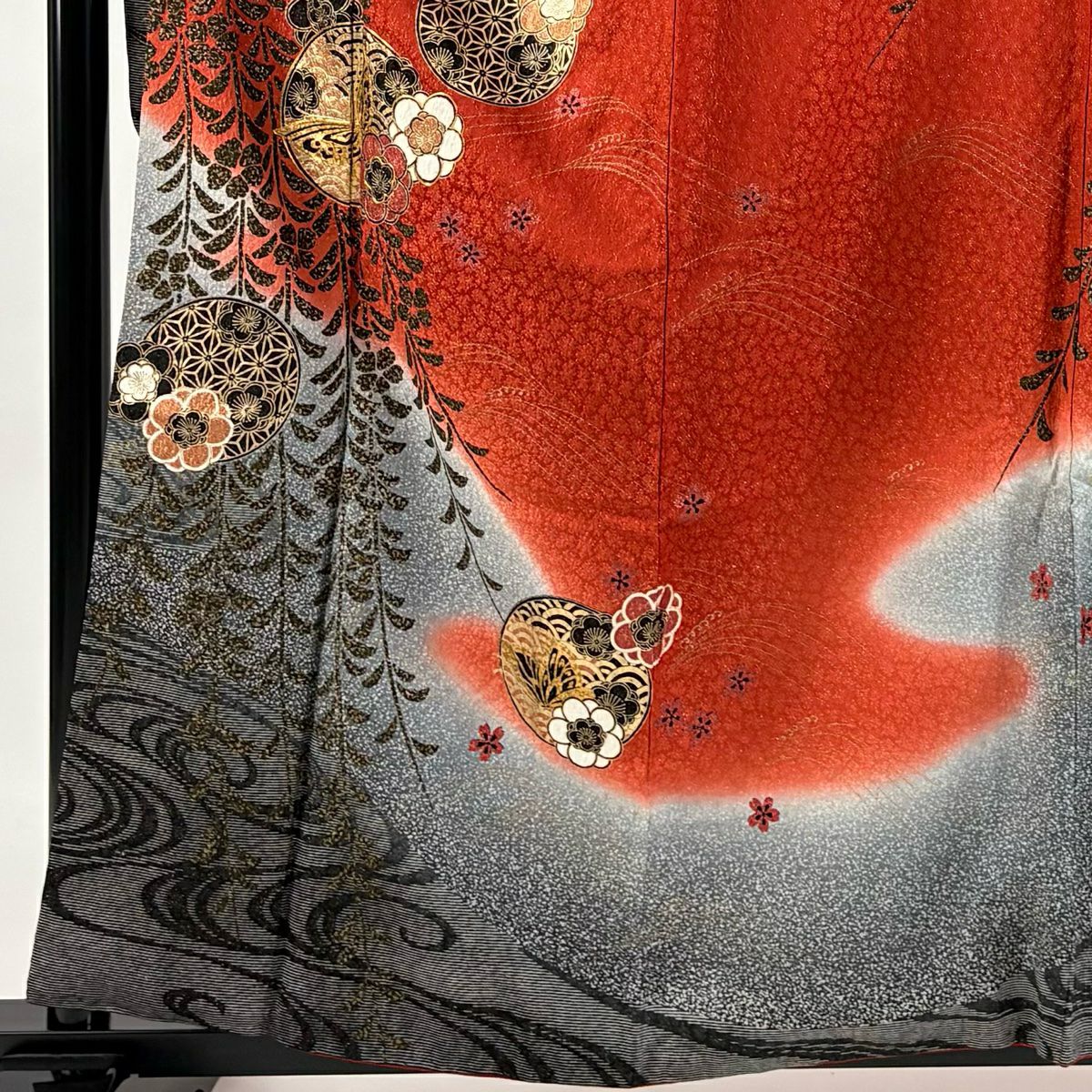 【美品】振袖禮服 身長157cm 袖長62cm S 雙層 梅花 蝶 金糸 金通し 朱 純蠶絲 名品級