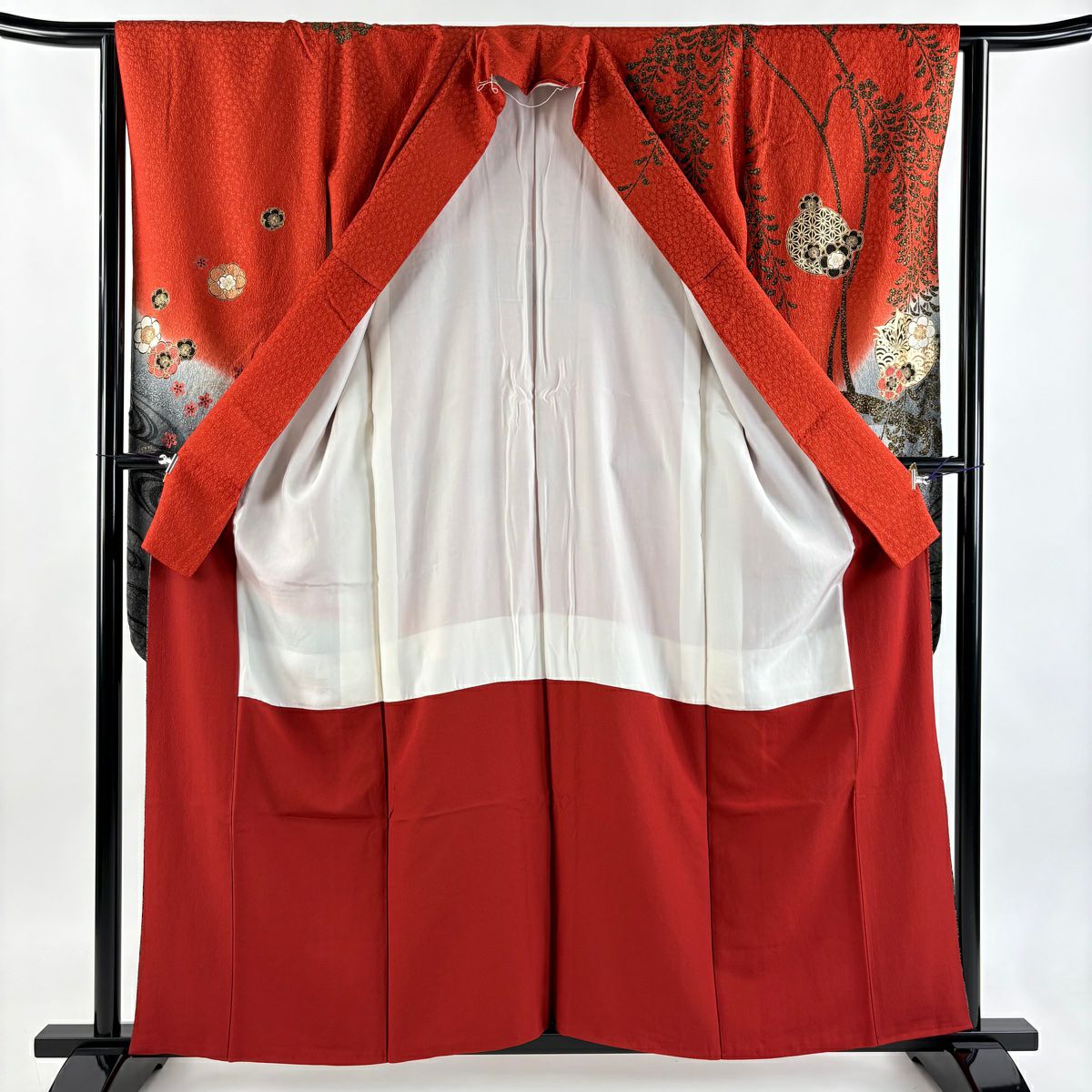 【美品】振袖禮服 身長157cm 袖長62cm S 雙層 梅花 蝶 金糸 金通し 朱 純蠶絲 名品級