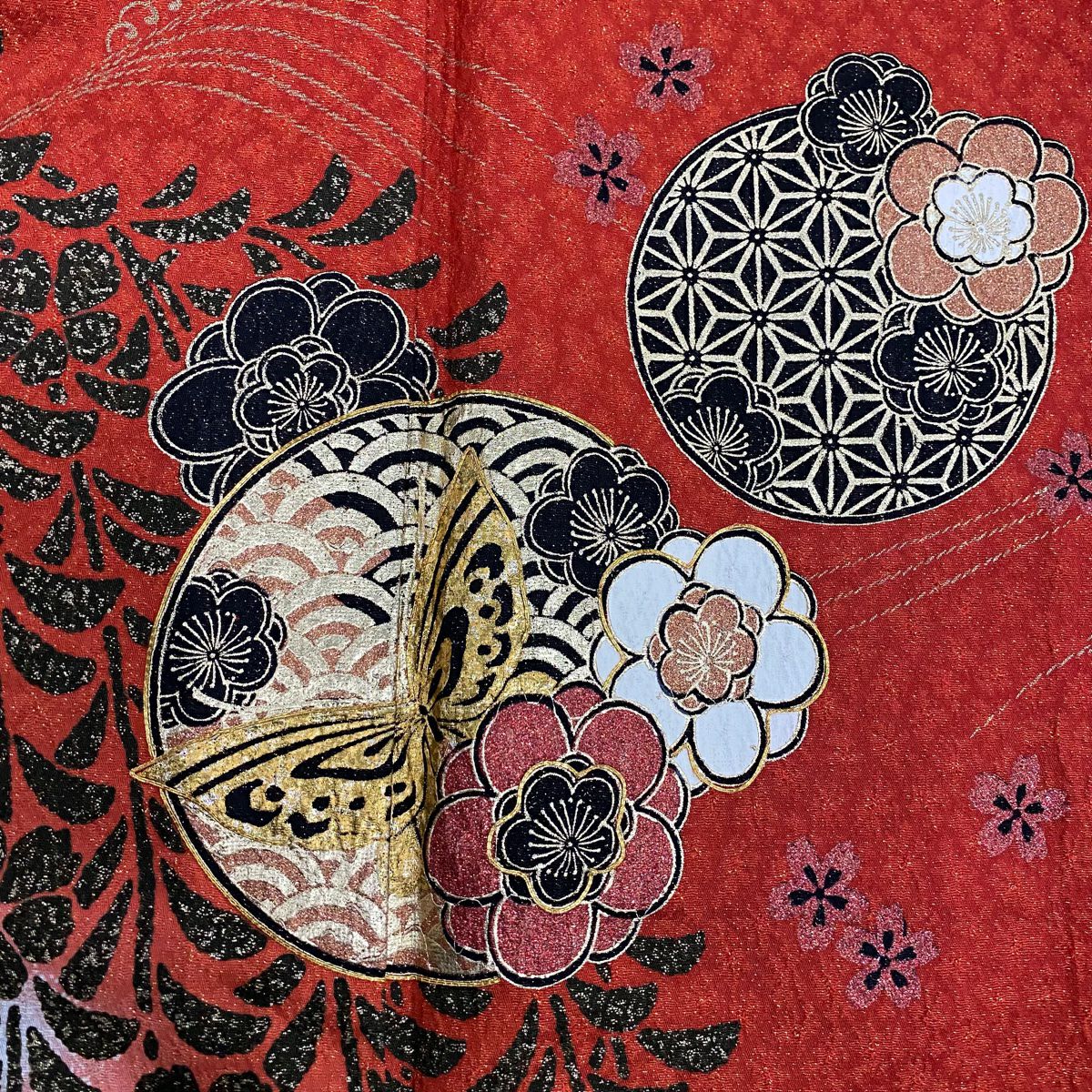 【美品】振袖禮服 身長157cm 袖長62cm S 雙層 梅花 蝶 金糸 金通し 朱 純蠶絲 名品級
