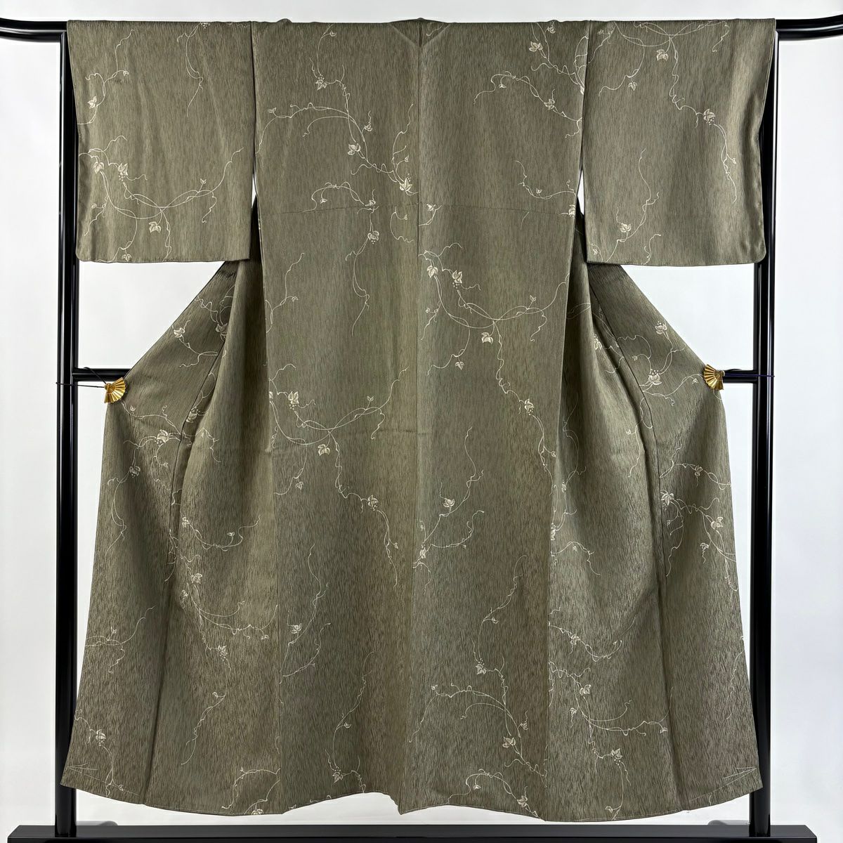 【美品】 小紋 身長150cm 袖長66.5cm M 雙層 葉與果 灰綠 純蠶絲 名品級