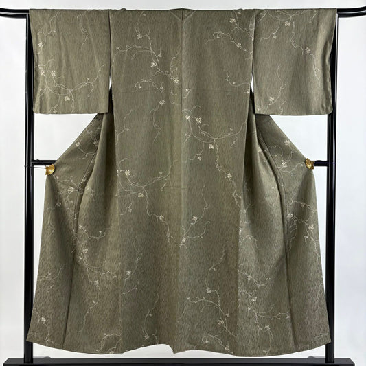 【美品】 小紋 身長150cm 袖長66.5cm M 雙層 葉與果 灰綠 純蠶絲 名品級