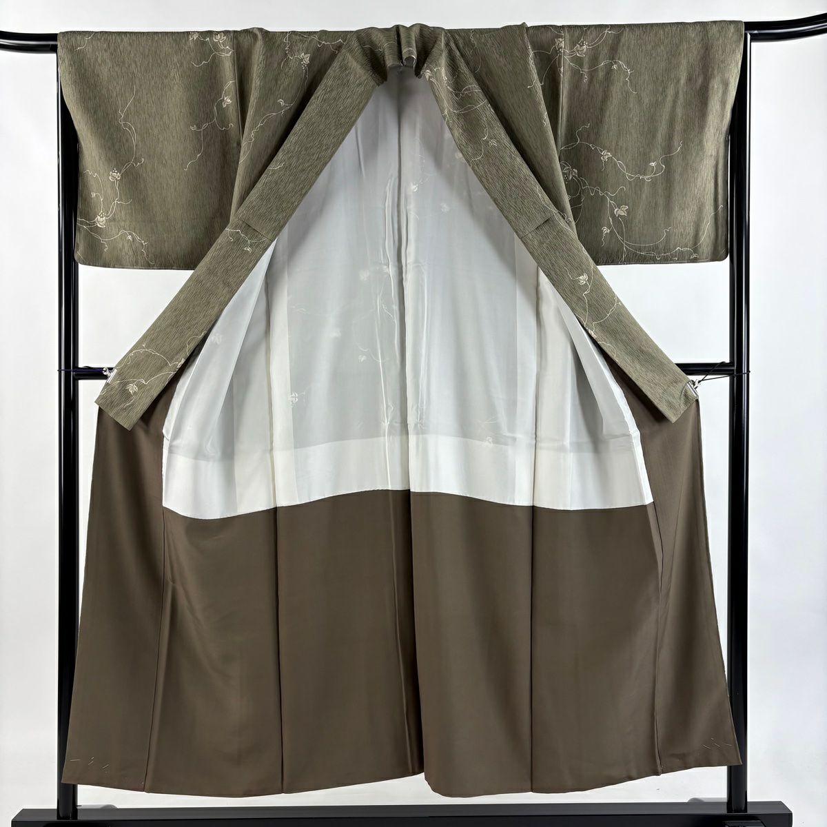 【美品】 小紋 身長150cm 袖長66.5cm M 雙層 葉與果 灰綠 純蠶絲 名品級