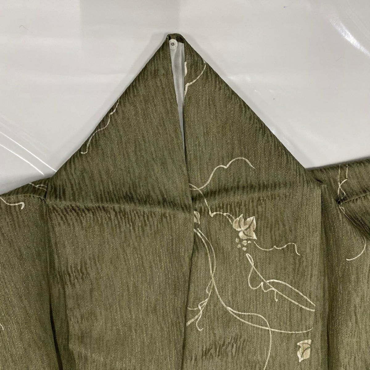 【美品】 小紋 身長150cm 袖長66.5cm M 雙層 葉與果 灰綠 純蠶絲 名品級