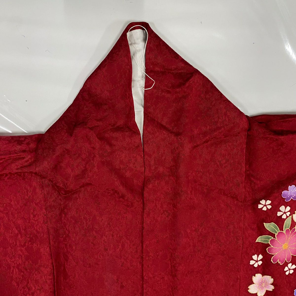 振袖禮服 身長157.5cm 袖長65.5cm M 雙層 鈴 草花紋紋 金彩裝飾 漸層 紅 純蠶絲 名品級