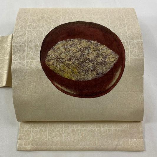 【美品】 名古屋帶 名品級 附有落款 葉紋 金絲 米色 純蠶絲
