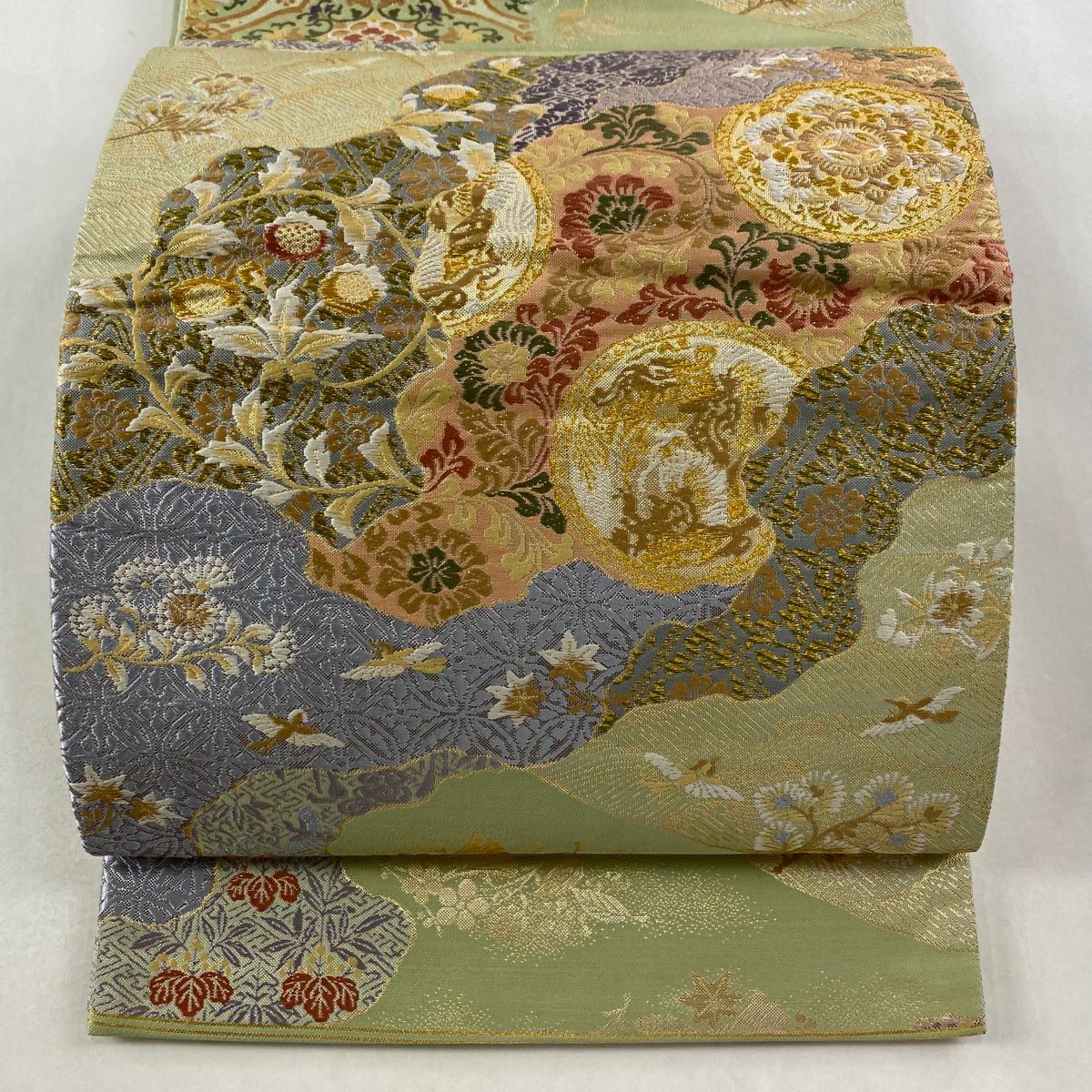 袋帶 名品級 重疊織 花唐草紋 鳥 金絲 刺繡 淺綠 お太鼓圖案 純蠶絲