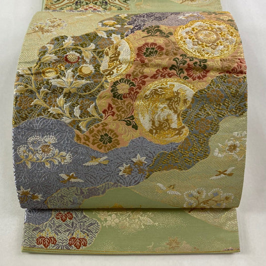 袋帶 名品級 重疊織 花唐草紋 鳥 金絲 刺繡 淺綠 お太鼓圖案 純蠶絲