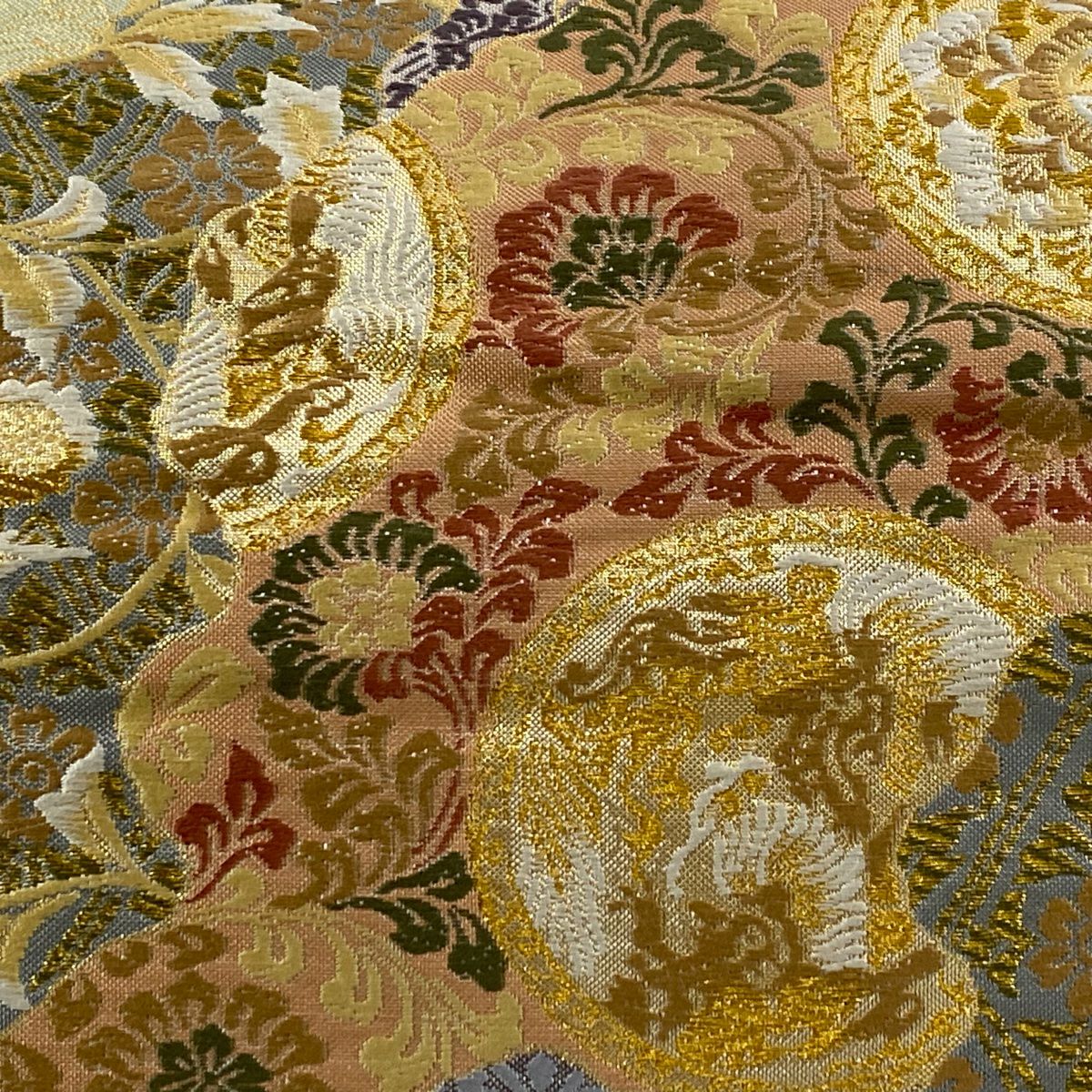 袋帶 名品級 重疊織 花唐草紋 鳥 金絲 刺繡 淺綠 お太鼓圖案 純蠶絲