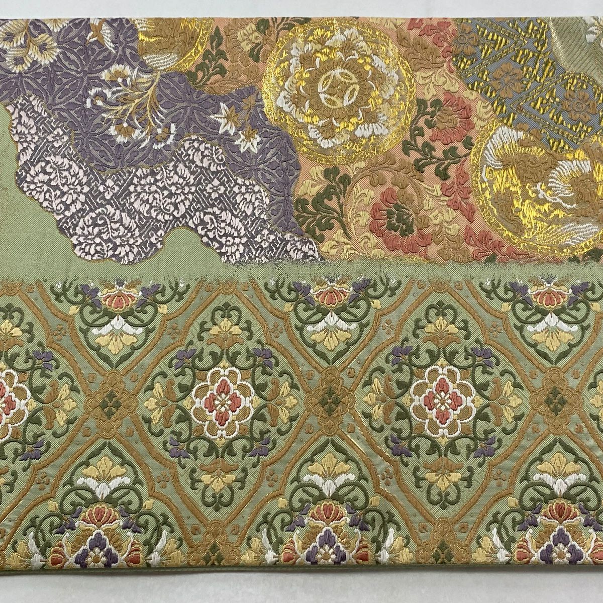 袋帶 名品級 重疊織 花唐草紋 鳥 金絲 刺繡 淺綠 お太鼓圖案 純蠶絲