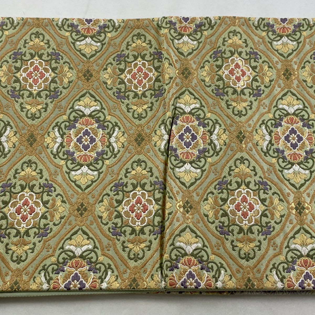 袋帶 名品級 重疊織 花唐草紋 鳥 金絲 刺繡 淺綠 お太鼓圖案 純蠶絲