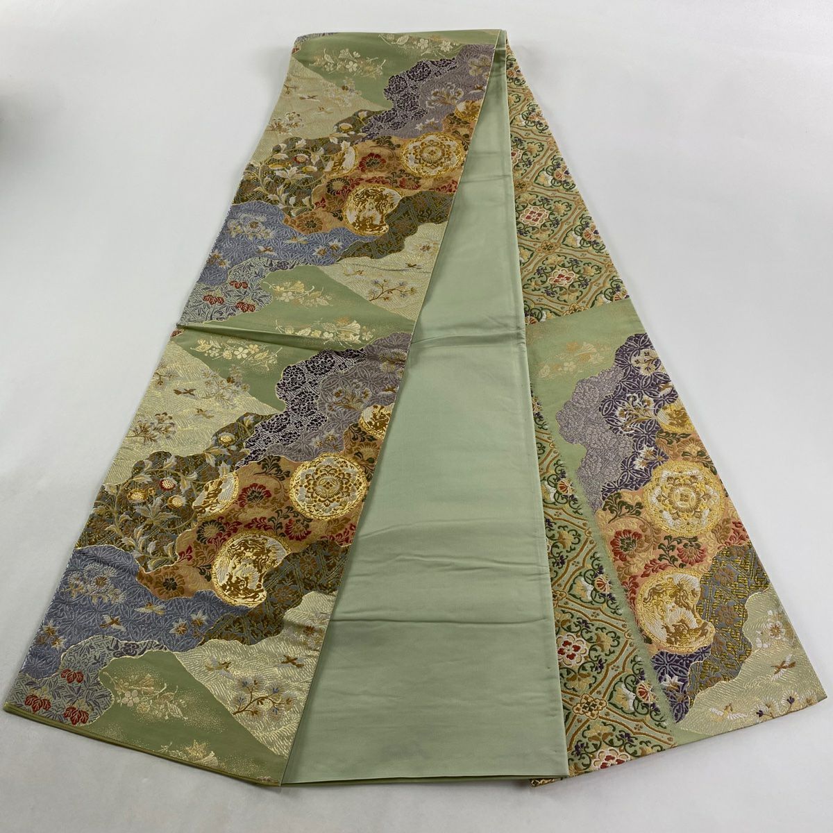 袋帶 名品級 重疊織 花唐草紋 鳥 金絲 刺繡 淺綠 お太鼓圖案 純蠶絲
