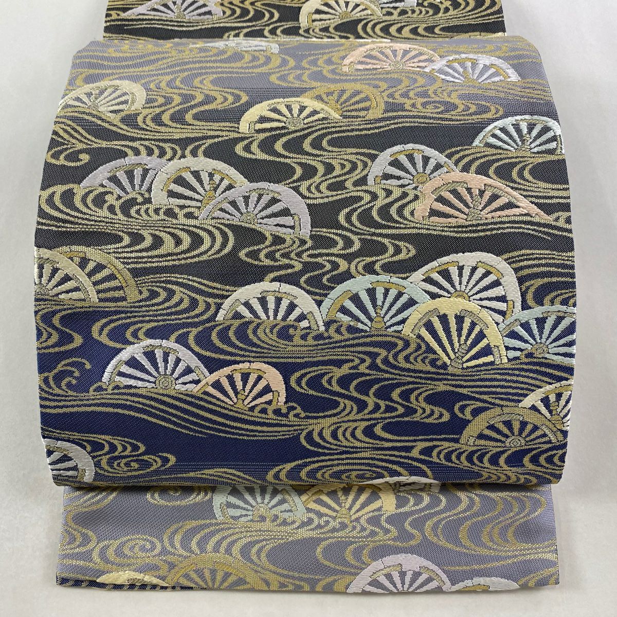 【美品】 袋帶 名品級 片輪車 流水 金糸 刺繡 青灰 深藍 六通 純蠶絲