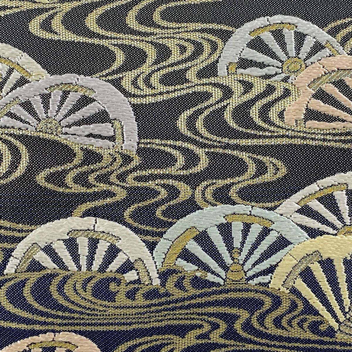 【美品】 袋帶 名品級 片輪車 流水 金糸 刺繡 青灰 深藍 六通 純蠶絲