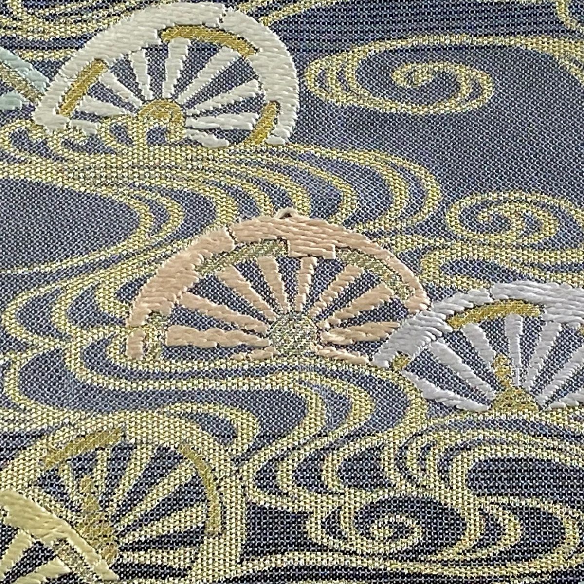 【美品】 袋帶 名品級 片輪車 流水 金糸 刺繡 青灰 深藍 六通 純蠶絲
