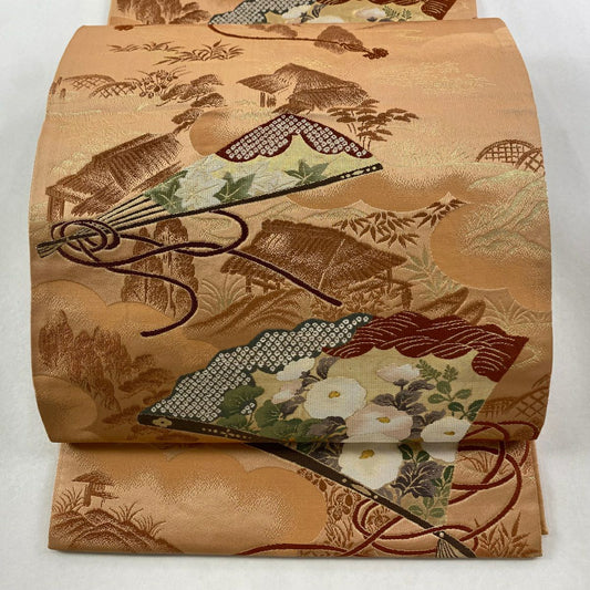 袋帶 名品級 貝島春美 落款あり 扇子 草花紋 金絲 金金箔 橙色 六通 純蠶絲