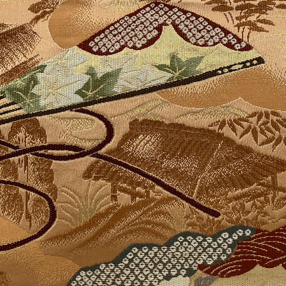 袋帶 名品級 貝島春美 落款あり 扇子 草花紋 金絲 金金箔 橙色 六通 純蠶絲
