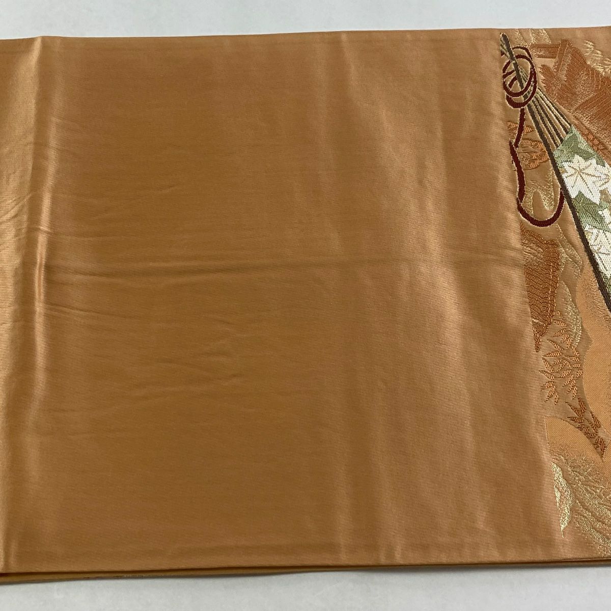 袋帶 名品級 貝島春美 落款あり 扇子 草花紋 金絲 金金箔 橙色 六通 純蠶絲