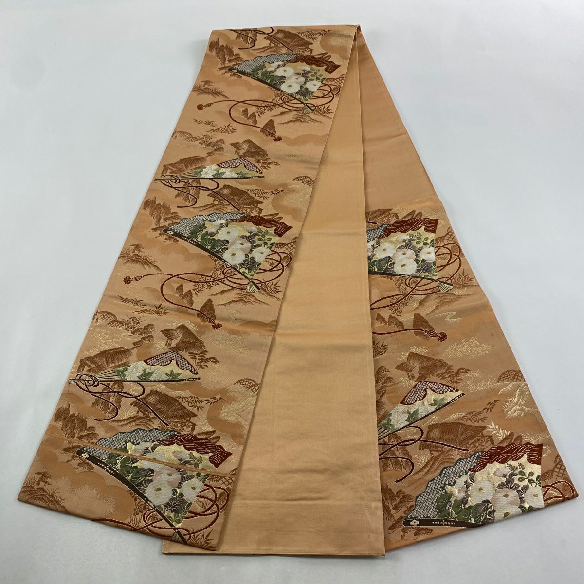 袋帶 名品級 貝島春美 落款あり 扇子 草花紋 金絲 金金箔 橙色 六通 純蠶絲