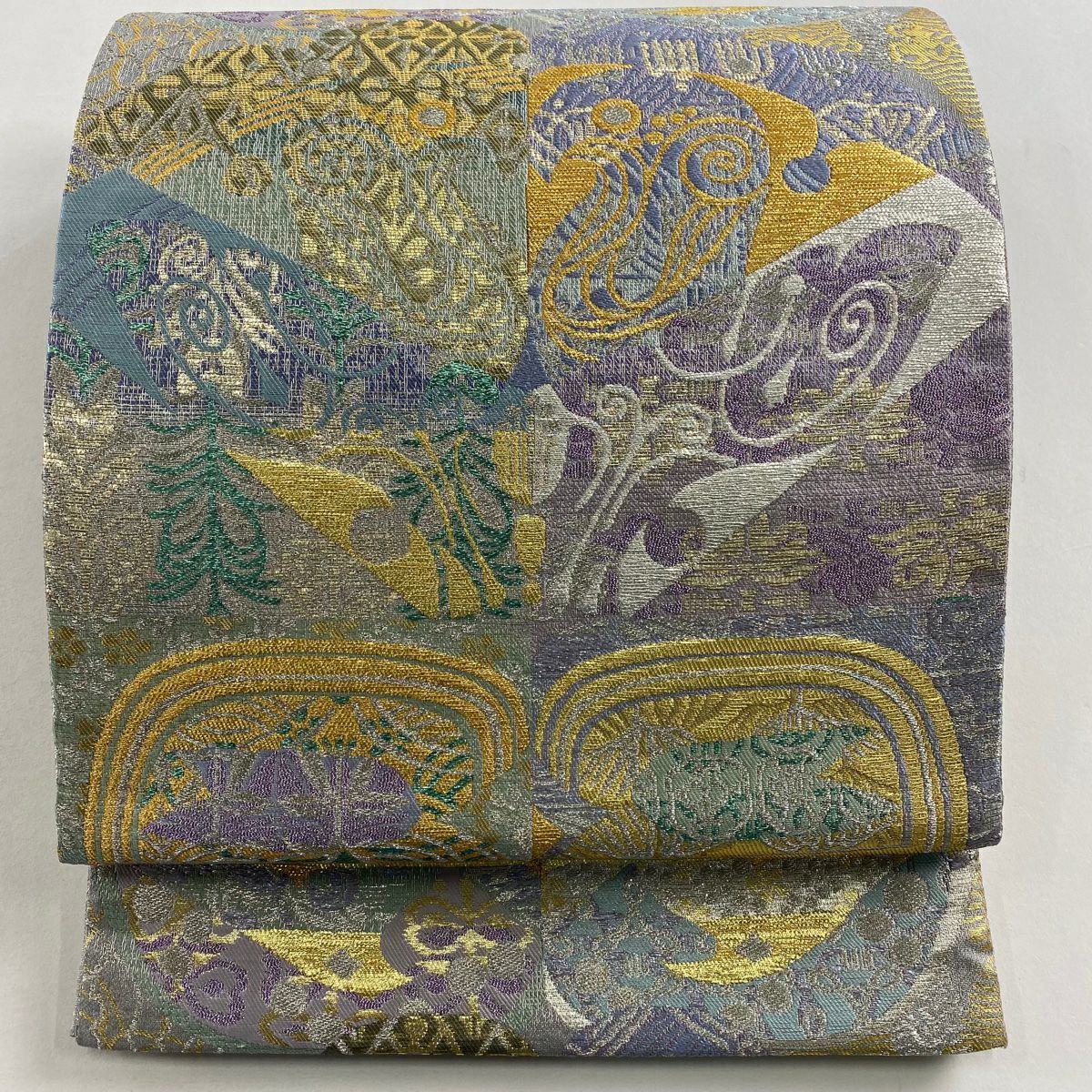 【美品】 袋帶 名品級 草花紋 幾何圖案 金銀線 金金箔 青紫 六通 純蠶絲