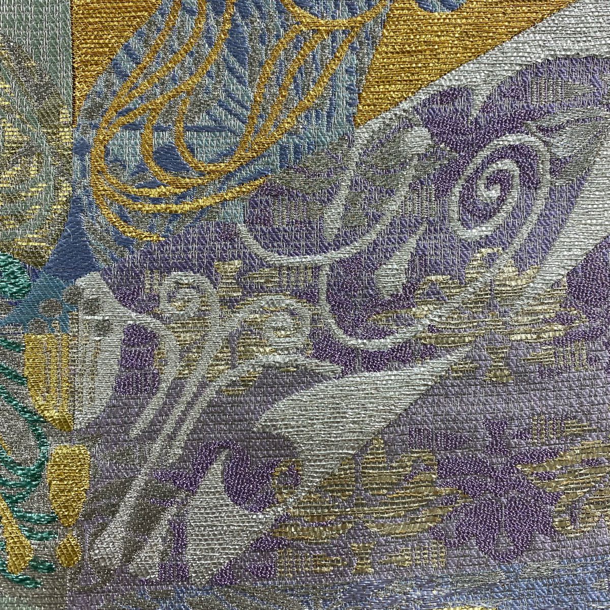 【美品】 袋帶 名品級 草花紋 幾何圖案 金銀線 金金箔 青紫 六通 純蠶絲