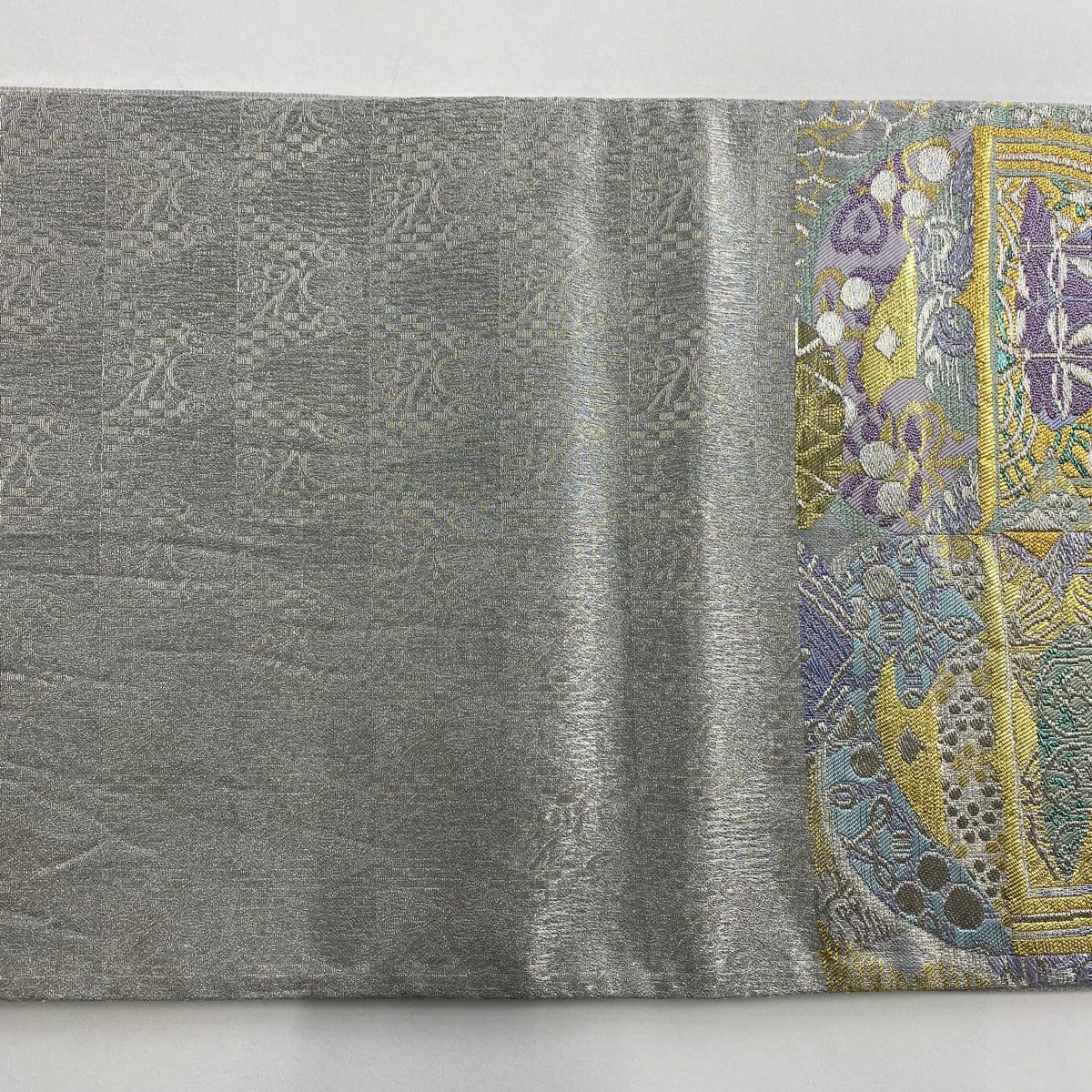 【美品】 袋帶 名品級 草花紋 幾何圖案 金銀線 金金箔 青紫 六通 純蠶絲