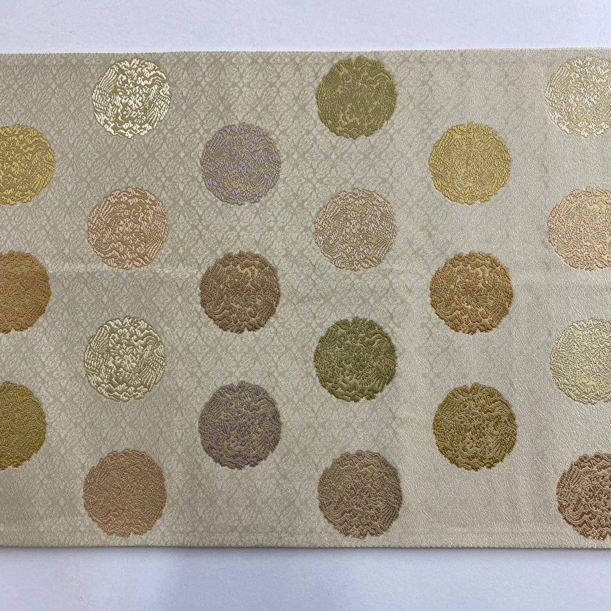 袋帶 名品級 關西仕立 鳥 草花紋 金金箔 草木染 米色 六通 純蠶絲
