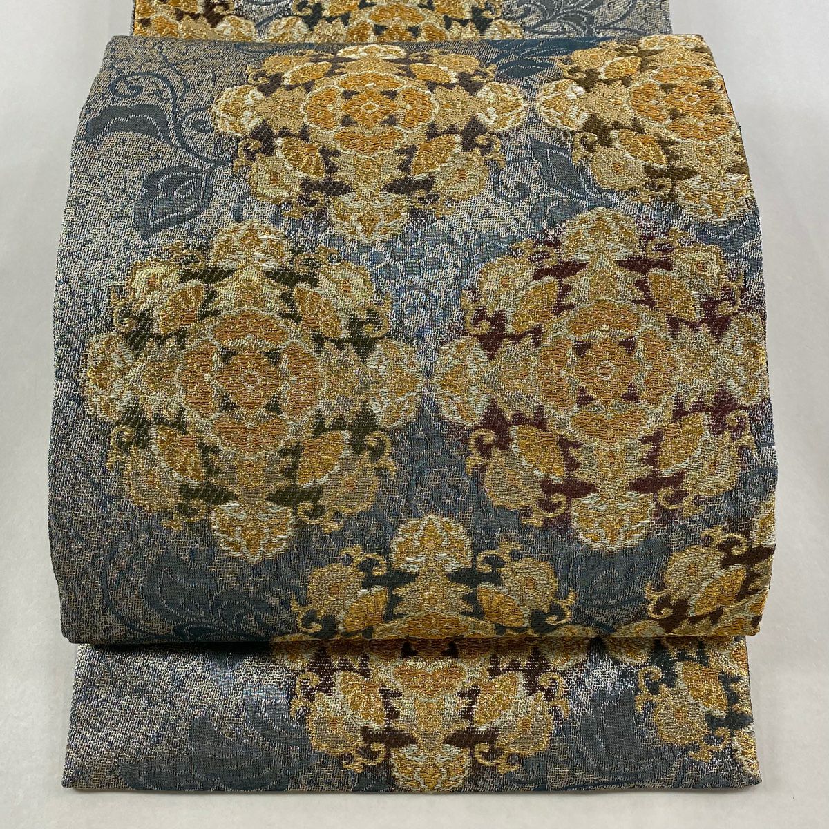 【美品】 袋帶 名品級 華紋 葡萄 金銀糸 金金箔 青灰 深藍色 六通 純蠶絲