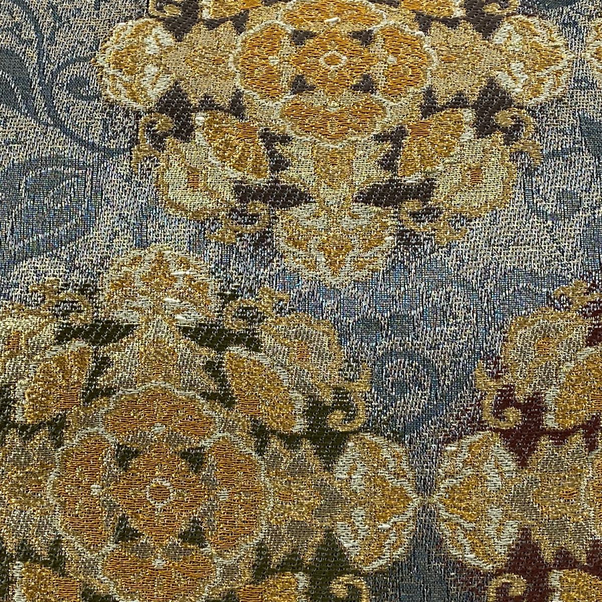 【美品】 袋帶 名品級 華紋 葡萄 金銀糸 金金箔 青灰 深藍色 六通 純蠶絲