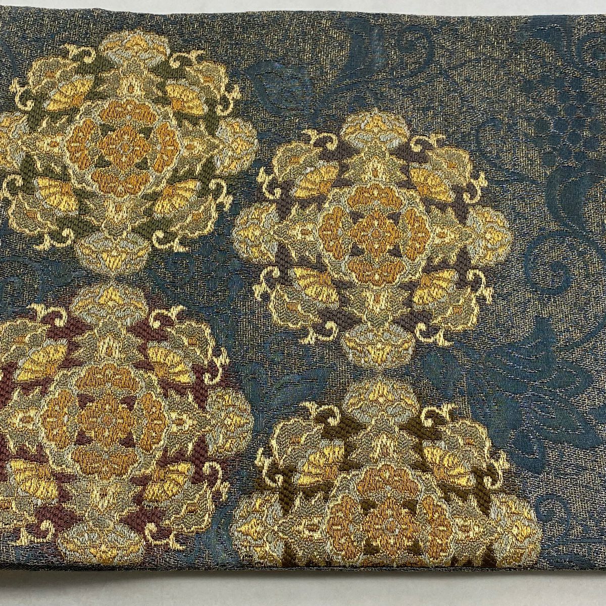 【美品】 袋帶 名品級 華紋 葡萄 金銀糸 金金箔 青灰 深藍色 六通 純蠶絲