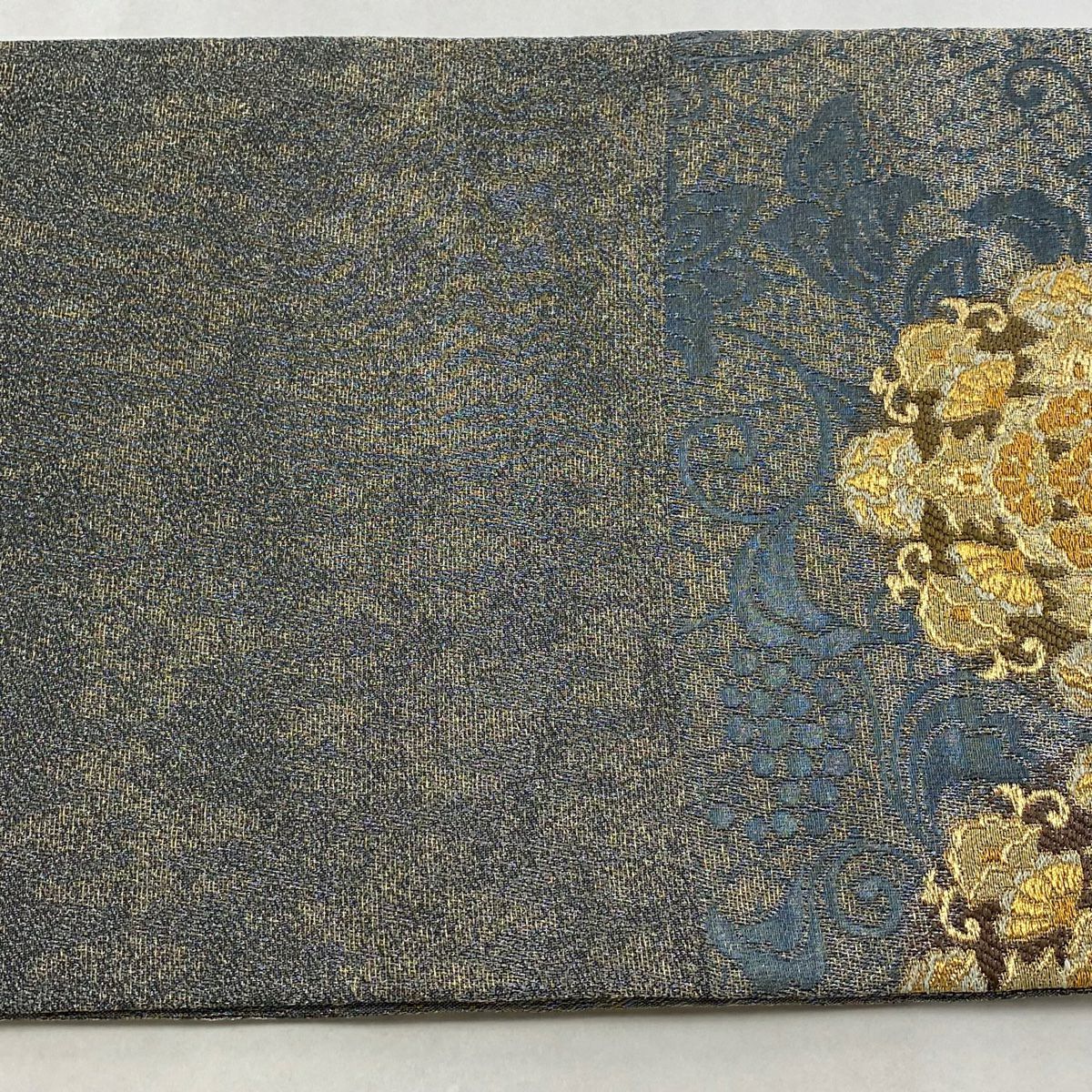 【美品】 袋帶 名品級 華紋 葡萄 金銀糸 金金箔 青灰 深藍色 六通 純蠶絲