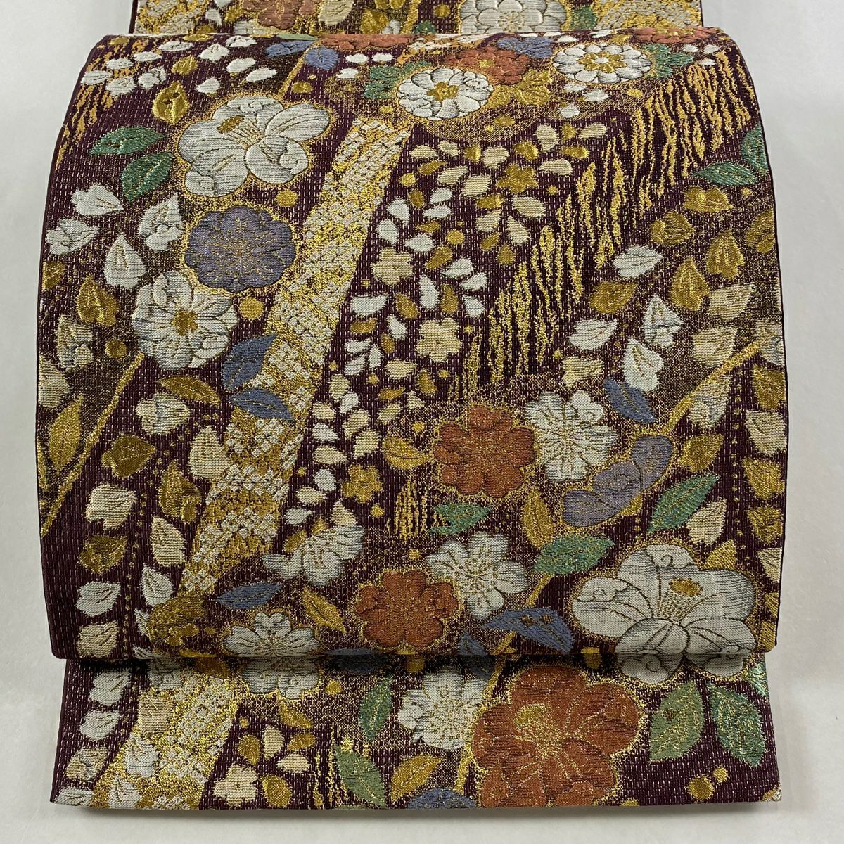 【美品】 袋帶 名品級 辻花染圖案 雲文 茶紫 六通 純蠶絲