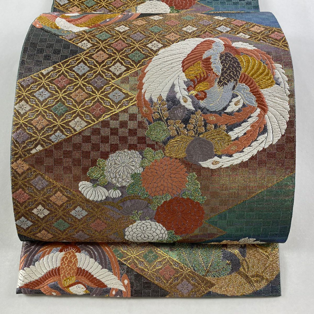【美品】 袋帶 名品級 鳳凰 草花紋紋 金金箔 金銀彩 青綠 六通 純蠶絲