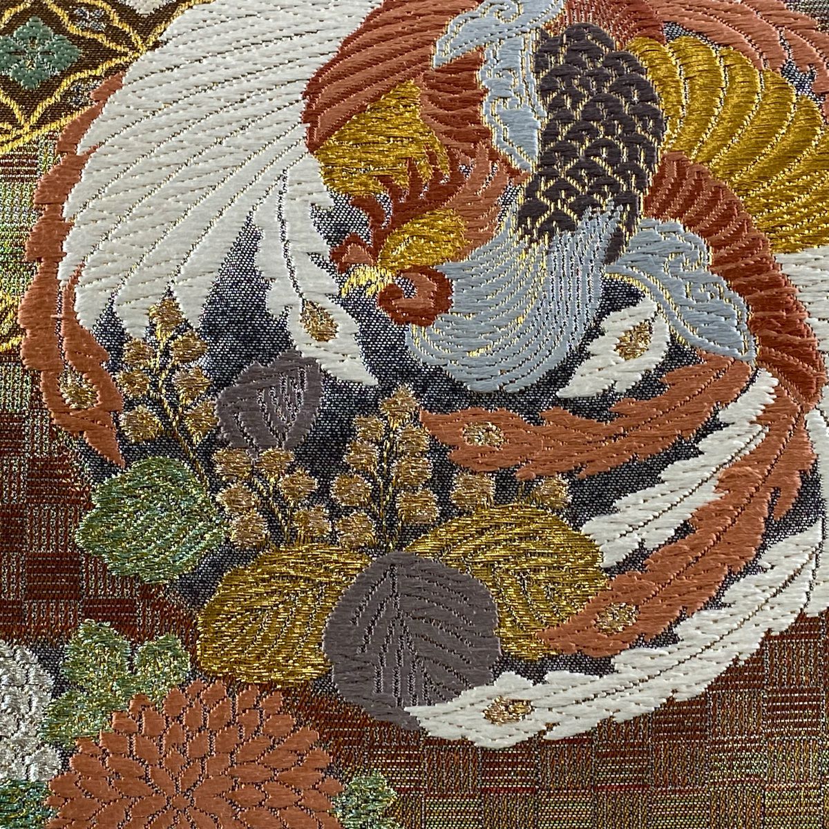 【美品】 袋帶 名品級 鳳凰 草花紋紋 金金箔 金銀彩 青綠 六通 純蠶絲