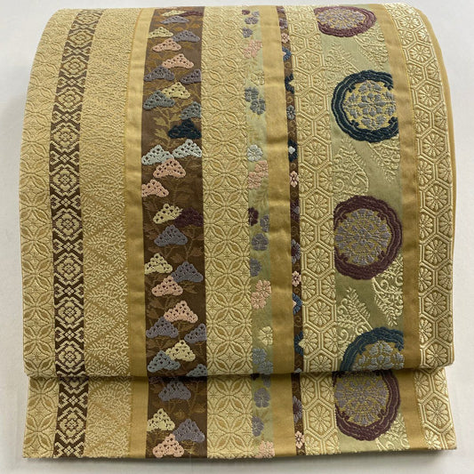【美品】 袋帶 名品級 女郎花 七寶 金金箔 麗粹唐織 米色 六通 純蠶絲
