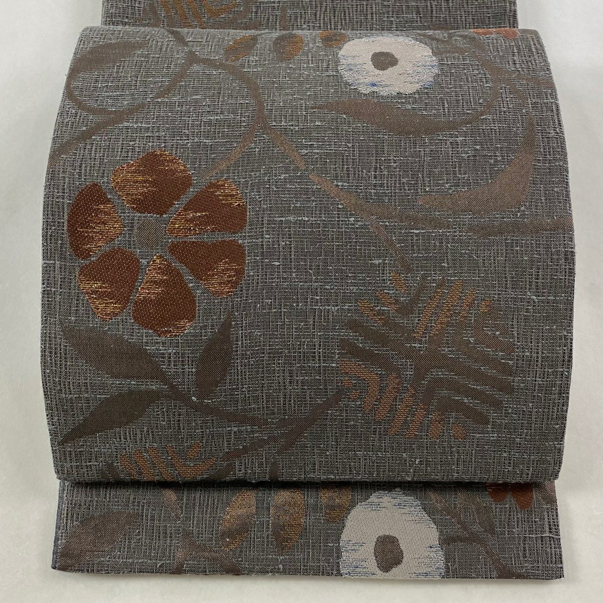 【美品】 袋帶 名品級 笹蔓 金金箔 灰茶 六通 純蠶絲