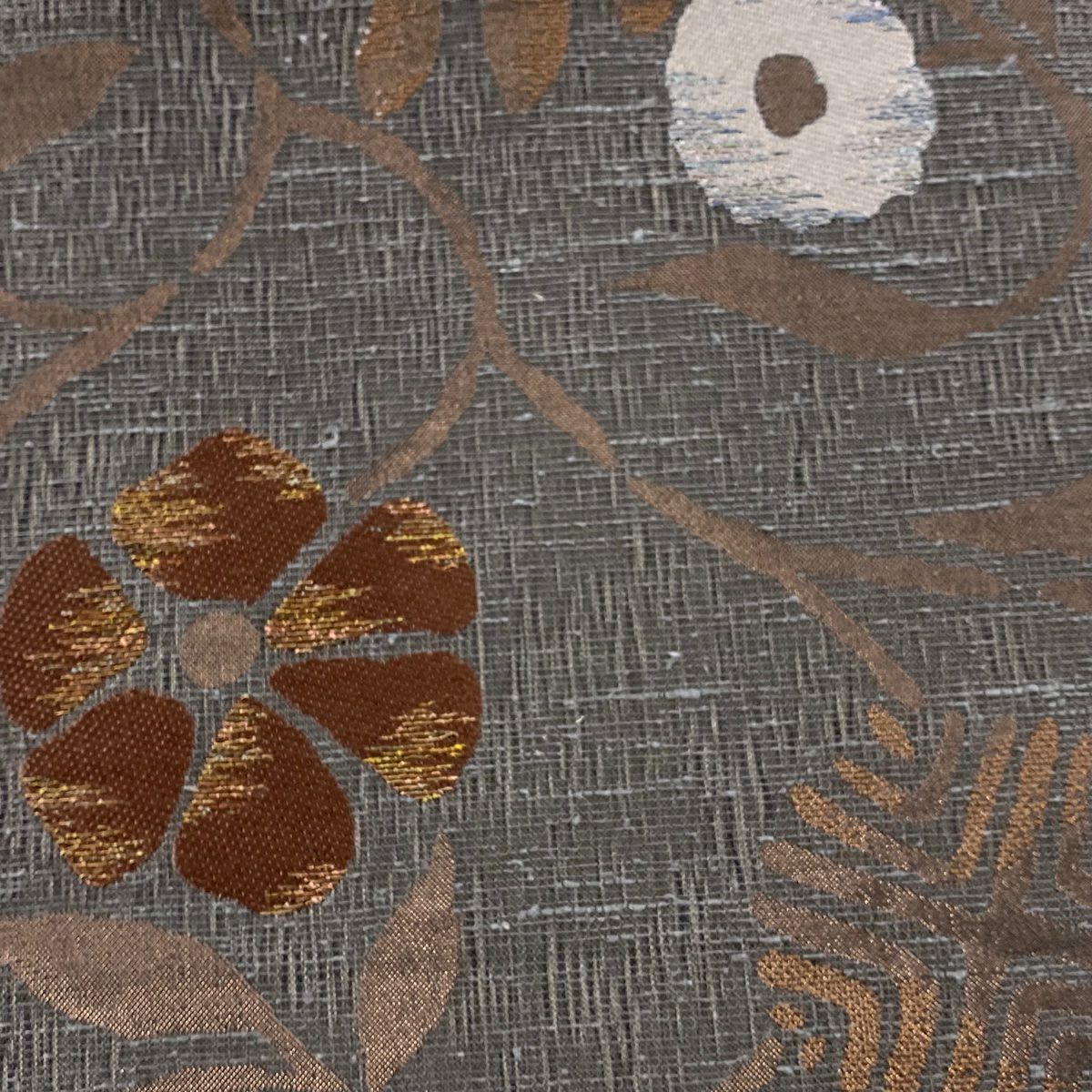 【美品】 袋帶 名品級 笹蔓 金金箔 灰茶 六通 純蠶絲